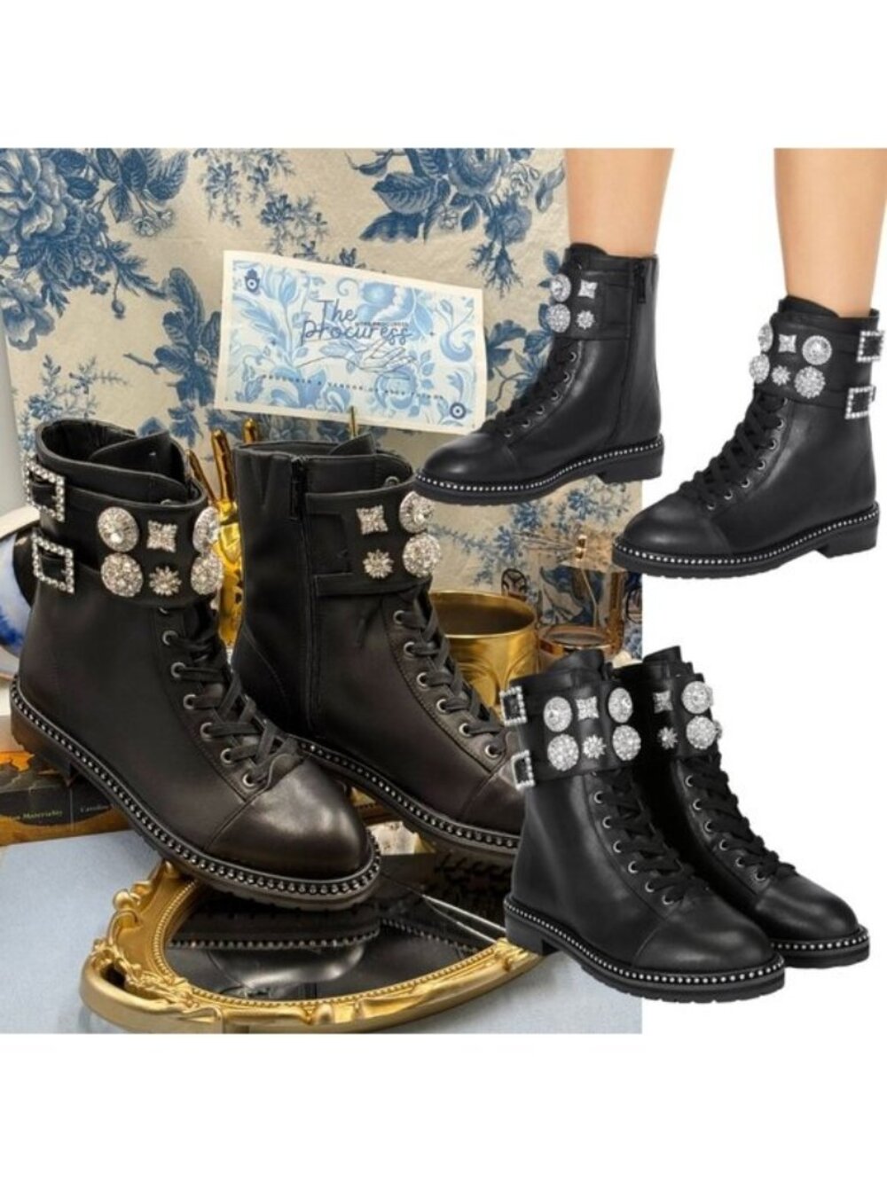 🆕 KURT GEIGER LONDON 🧿 NWOB Stoop Black Leather Combat Boot, Crystal Sz 37 US7